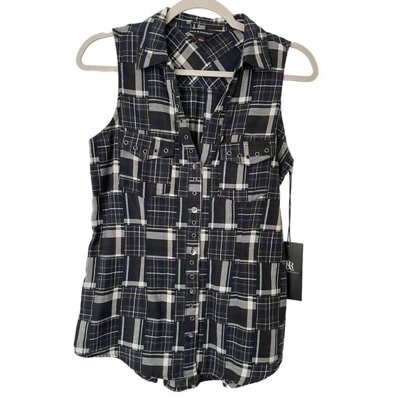Rock & Republic Black Plaid Sleeveless Button Front Blouse Size XS NWT‎ - Picture 1 of 4